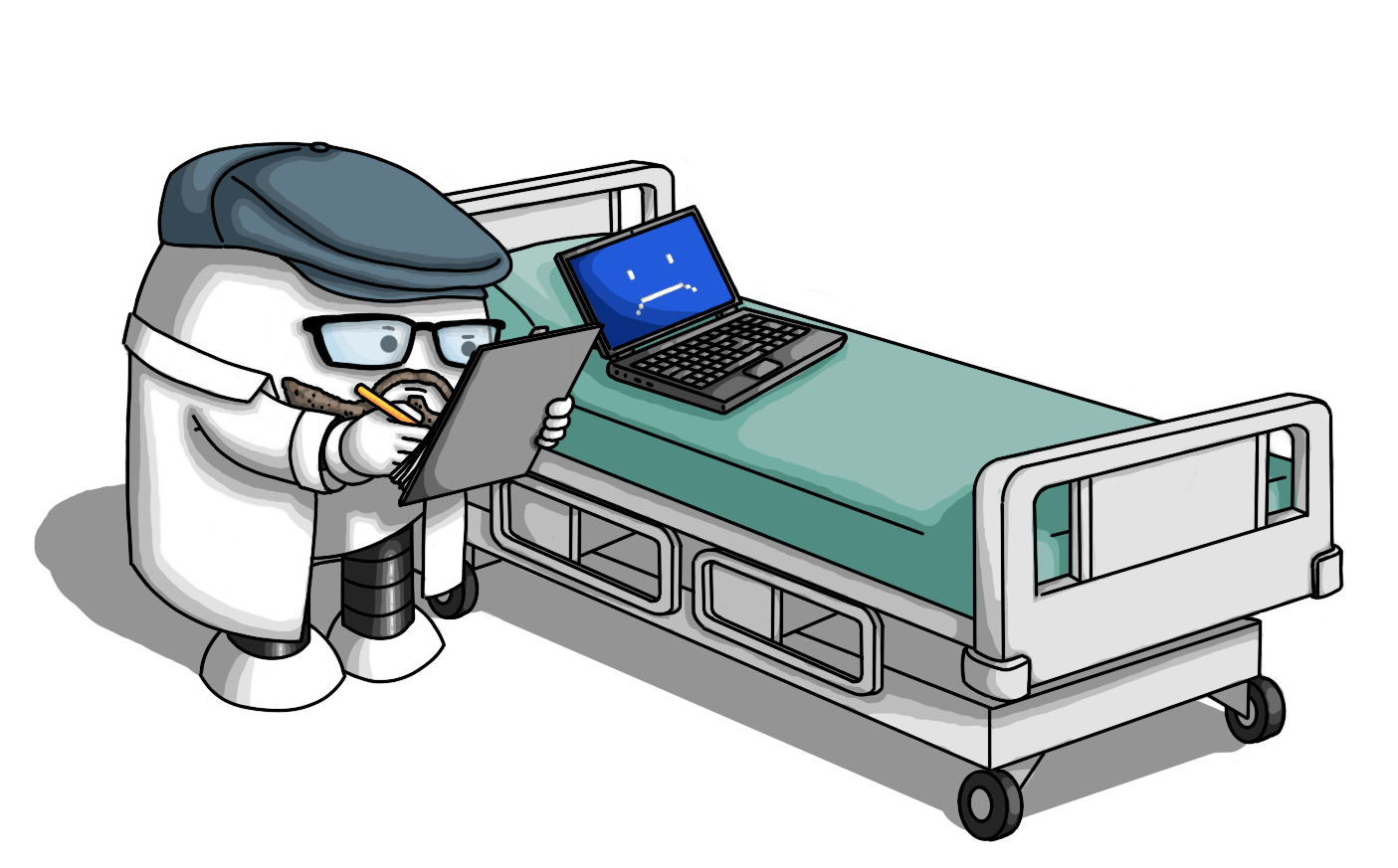 A small robot with a flat cap and glasses, wearing a doctor's gown and holding a clipboard, at the bedside of a laptop with a blue screen and a worried face